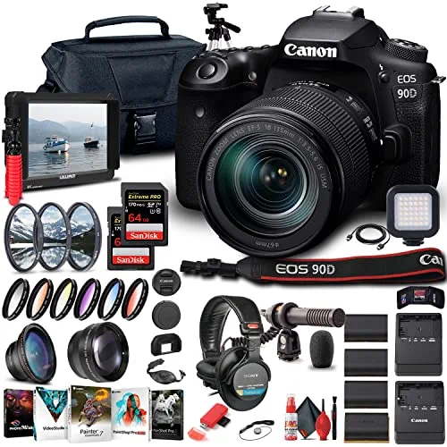 Canon EOS 90D DSLR Camera with 18-135mm Lens (3616C016), 4K Monitor, Pro Headphones, Pro Mic, 2 x 64GB Card, Case, Corel Photo Software, Pro Tripod, 3 x LPE6 Battery + More (Renewed)