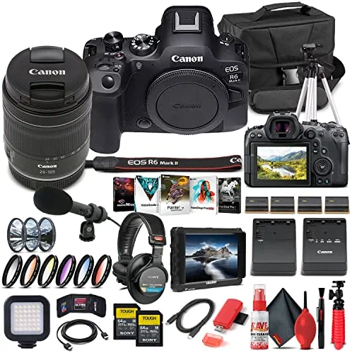 Canon EOS R6 Mark II Mirrorless Camera with 24-105mm f/4-7.1 Lens (5666C018) + 4K Monitor + Pro Headphones + Pro Mic + 2 x 64GB Memory Card + Case + Corel Photo Software + Pro Tripod + More