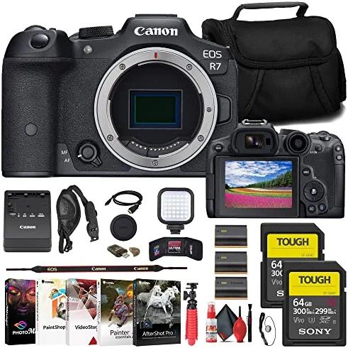 Canon EOS R7 Mirrorless Camera (5137C002) + 2 x Sony 64GB Tough SD Card + Bag + Charger + 2 x LPE6 Battery + Card Reader + LED Light + Corel Photo Software + HDMI Cable + Flex Tripod + More (Renewed)