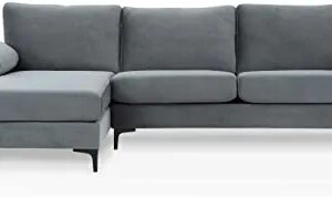 Casa Andrea Milano Modern Large Velvet Fabric Sectional Sofa, L-Shape Couch with Extra Wide Chaise Lounge and Black Legs, Dark Grey