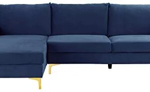 Casa Andrea Milano Modern Sectional Sofa L Shaped Velvet Couch, with Extra Wide Chaise Lounge and Gold Legs, Large, Navy