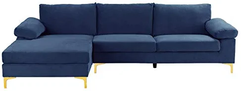 Casa Andrea Milano Modern Sectional Sofa L Shaped Velvet Couch, with Extra Wide Chaise Lounge and Gold Legs, Large, Navy