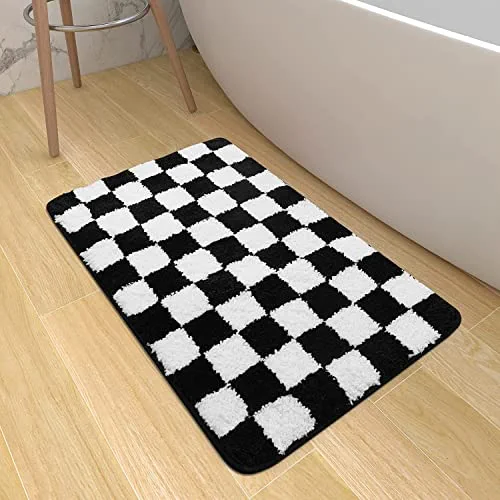 Chaelilife Black and White Checkered Bath Mat, Plush Microfiber Absorbent Bathroom Rugs Luxury Machine Washable Indoor Doormat Non-Slip Shaggy Rugs for Shower Sink Tub ( 18''x25'')