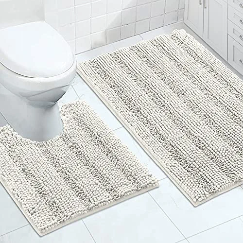 Chenille Bathroom Rugs Set Non-Slip Bath Mats for Bathroom Super Absorbent Shaggy Rugs for Tub Shower Toilet Soft Plush Bath Rug Plus U Shaped Contour Rug (Oversized: 24" x 36" and 20" x 24" U), Cream