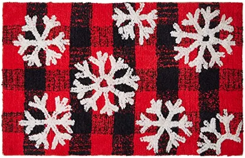 Christmas Holiday Decor Square Buffalo Plaid Snowflakes Water Absorbent Bathroom Vanity Bath Rug 20x30, 100% Cotton Bath Spa Mat Accent Rug Machine Washable