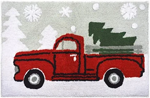 Christmas Holiday Decor Square Pick Up Truck with Christmas Tree Water Absorbent Bathroom Vanity Bath Rug 20x30, 100% Cotton Bath Spa Mat Accent Rug Machine Washable