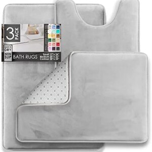 Clara Clark Bathroom Rugs, Velvet Memory Foam Bath Mat - Non-Slip Bath Rugs, Machine Wash, Dries Quickly - Ultra Soft Bath Mats for Bathroom, 3 Piece Silver Bathroom Rug Set