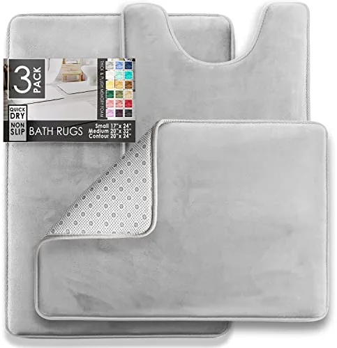 Clara Clark Bathroom Rugs, Velvet Memory Foam Bath Mat - Non-Slip Bath Rugs, Machine Wash, Dries Quickly - Ultra Soft Bath Mats for Bathroom, 3 Piece Silver Bathroom Rug Set