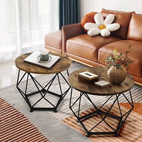 Coffee Table Set of 2,Round Coffee Table for Living Room with Steel Frame,Small Side Table End Table for Office,Bedroom,Indoor