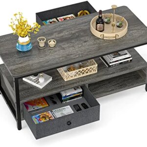 Coffee Table with Storage Drawers, Grey Coffee Table for Living Room, Metal Frame, Easy Assemble, Gray Oak