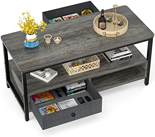 Coffee Table with Storage Drawers, Grey Coffee Table for Living Room, Metal Frame, Easy Assemble, Gray Oak