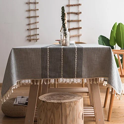 ColorBird Stitching Tassel Tablecloth Heavy Weight Cotton Linen Fabric Dust-Proof Table Cover for Kitchen Dinning Tabletop Decoration (Rectangle/Oblong, 55 x 120 Inch, Grey)