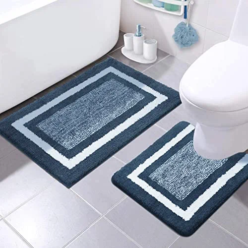 Colorxy Bathroom Rugs and Mats Sets, 2 Pcs Ultra Soft Microfiber Bath Mat and U-Shaped Toilet Rug, Water Absorbent and Non Slip Shower Bath Rug for Bathroom, Tub and Shower, 20"x32"+20"x24", Navy