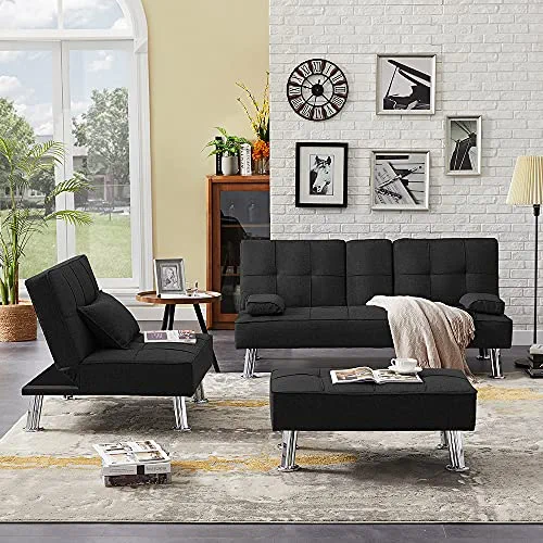Convertible Futon Sofa Couch Bed, 3 Pieces Set Sectional Sleeper Sofa with Two Cup Holders, Modern Tufted Fabric Sofa with Removable Armrest & Ottoman, Furniture Set for Living Room, Office (Black)
