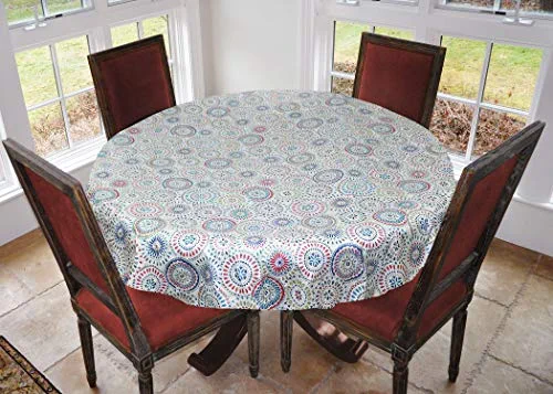 Covers For The Home Deluxe Stitched Edged Flannel Backed Vinyl Drop Tablecloth - Multi-Color Geometric Medallion Pattern - 70" Round