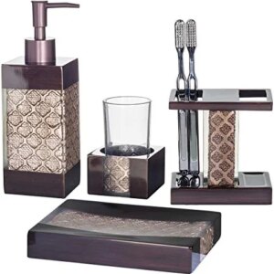 Creative Scents Brown Bathroom Accessories Set - 4-Piece Bathroom Set- Decorative Bathroom Accessory Set Includes: Soap Dispenser, Toothbrush Holder, Soap Dish and Tumbler (Dahlia Collection)