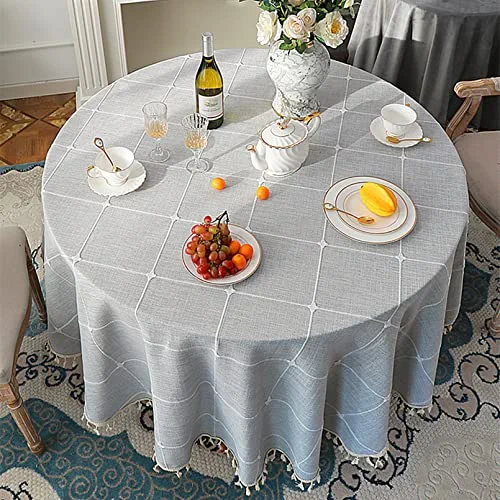 Cstalstal Cotton Linen Round Tablecloth Plaid Heavy Weight Table Cloth for Round Tables Checkered Tassel Table Covers for Kitchen Dining Room Tabletop Decoration, Diameter 60 inch, Grey