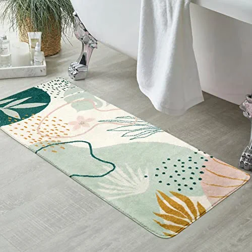 Cute Boho Long Bathroom Rugs Modern Abstract Non Slip Bathroom Runner Rug Soft Machine Washable Green Leaf Bath Mat Abstract Tropical Plant Thower Rug for Indoor Sink Shower Doormat Tub, 18x47 inch