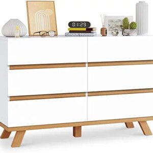 DHMAKER White Dresser, Modern 6 Drawer Double Dresser for Bedroom, Wood Storage Chest of Drawers for Living Room, Hallway, Entryway