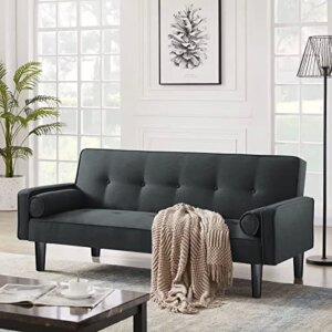 DKLGG Futon Sofa Bed, Linen Upholstered Sofa Couch, Convertible Futon Sofa Loveseat Couch with Adjustable Backrest and Removable Armrests Sleeper Sofa for Small Space, Home, Living Room, Dark Gray