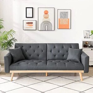 DKLGG Modern Futon Sofa Bed, Convertible Bed Folding Linen Fabric Sofa Bed Couch with Two Pillows, Adjustable Backrest Loveseat Couch Sofa, Sleeper Sofa Couch with Removable Armrests for Living Room