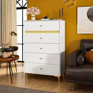 DiDuGo Chest of Drawers 5 Drawer Dresser, Drawer Organizer 5-Drawer Chest with Metal Legs, Gold Metal Handles, Wood Dresser for Bedroom White and Gold (31.5”W x 15.7”D x 47.2”H)