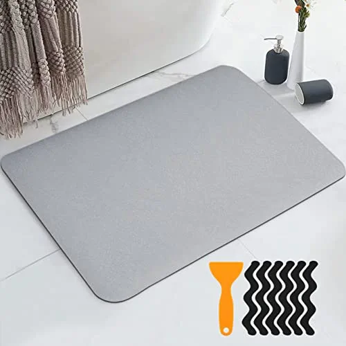 Diatomaceous Earth Bath Mat Thin Bath Mat Bathroom Rugs Super Absorbent Quick Dry Washable Fit Under Door for Bathroom Floor Bathtub Shower Room Sink with 12PCS Anti Slip Shower Stickers Grey