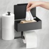 Dinosam Toilet Paper Holder with Shelf: Stainless Steel Wall Mount Toilet Roll Holder Extender with Tissue Storage, Self Adhesive Extended Flushable Wipes Dispenser for Bathroom, Matte Black