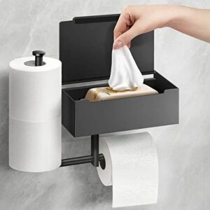 Dinosam Toilet Paper Holder with Shelf: Stainless Steel Wall Mount Toilet Roll Holder Extender with Tissue Storage, Self Adhesive Extended Flushable Wipes Dispenser for Bathroom, Matte Black