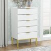 ECACAD Modern Dresser with 5 Drawers & Metal Legs, Wood Dresser Storage Chest for Bedroom, Living Room, White & Gold (23.6”L x 15.7”W x 41.1”H)