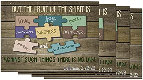 EKOBLA Bible Verse Placemat Non-Slip Cotton Linen Washable Place Mats Puzzle Pieces Wood Art Galatians for Dining Table Kitchen Heat Resistant Table Mats, Set of 4