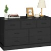 EPHEX Dresser for Bedroom, 7 Drawers Double Dresser, Storage Tower Clothes Organizer, Black Chest of Drawers with Sturdy Pedestal, 2022 New Version (Black)