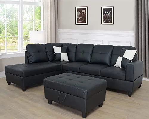 ERDAYE 3 Piece Modular Sectional, Black Faux Leather Right Side Lounger Chaise Couch with Free Storage Ottoman Footrest, L-Shaped 5 Seaters Corner Sofa for Living Room Furniture Sets