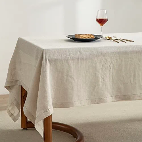 EVERLY Linen Hemstitch Tablecloth, 100% Stonewashed French Linen TableCloths for 6-Foot Rectangle Tables 60x84 Inches , Washable Thanksgiving Tablecloths, Decorative Halloween Table Cloth