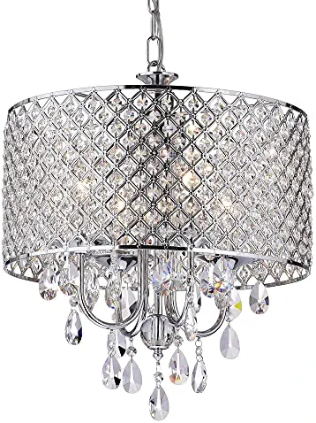 Edvivi Marya Drum Crystal Chandelier, 4 Lights Glam Lighting Fixture with Chrome Finish, Adjustable Ceiling Light with Round Crystal Drum Shade, Dining Room Light for Living Room, Bedroom, Kitchen