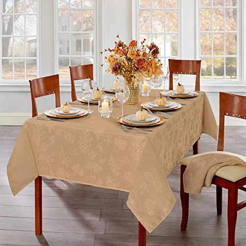 Elrene Home Fashions Elegant Woven Leaves Jacquard Damask Tablecloth, 60" x 102", Oblong, Taupe