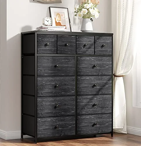 EnHomee Dresser for Bedroom with 12 Drawers, Tall Dresser with Wooden Top and Metal Frame, Fabric Storage Drawer Dresser & Chest of Drawers for Bedroom Closet, 40.6" W x 11.8" D x 43.7" H, Black Wood