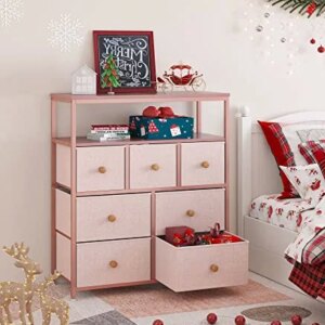 EnHomee Pink Dresser for Girls Bedroom Dressers & Chest of Drawers 7 Drawer Dressser with Shleves Dresser for Girls Bedroom,Closet,Clothes, Nursery, Wooden Top & Metal Frame Pink