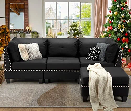 Esright 88.6” Convertible Sectional Sofa Couch with Ottoman, Modern Tufted Linen Fabric L-Shaped Couch with Reversible Chaise, Suitable for Office,Living Room and Hotel Lobby, Black