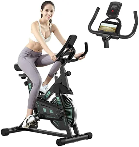 Exercise Bike, Mechanical Resistance Indoor Cycling Bike, Belt Drive Stationary Workout Bike with LED Monitor, Phone Holder & Comfortable Seat Cushion for Home Cardio Workout Cycle Bike Training