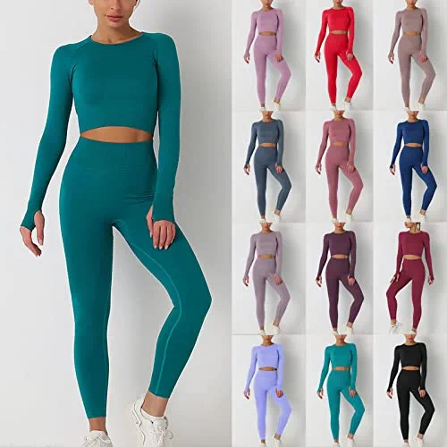 FADUNI Women's 2 Piece Tracksuit Workout Outfits Long Sleeve High Waist Leggings Yoga Suit - Seamless Sports Fitness Gym Set