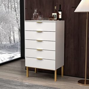 FAMAPY Chest of Drawers 5-Drawer Dresser with Straight Gold Metal Legs, Wood Storage Chest Drawer Organizer Large Storage for Bedroom White (23.6”W x 15.7”D x 41.1”H)