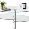 FANTASK Tempered Glass Coffee Table, Oval 3-Tier Steel Tea Table w/Spacious Glass Desk-Top, Open Storage Shelf, Modern End Side Table for Home Living Room Office Reception (Clear Glass)