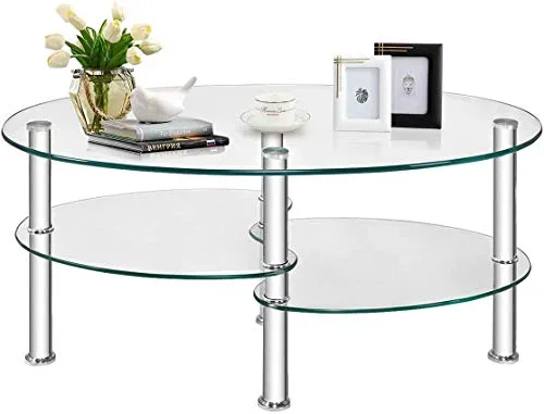 FANTASK Tempered Glass Coffee Table, Oval 3-Tier Steel Tea Table w/Spacious Glass Desk-Top, Open Storage Shelf, Modern End Side Table for Home Living Room Office Reception (Clear Glass)