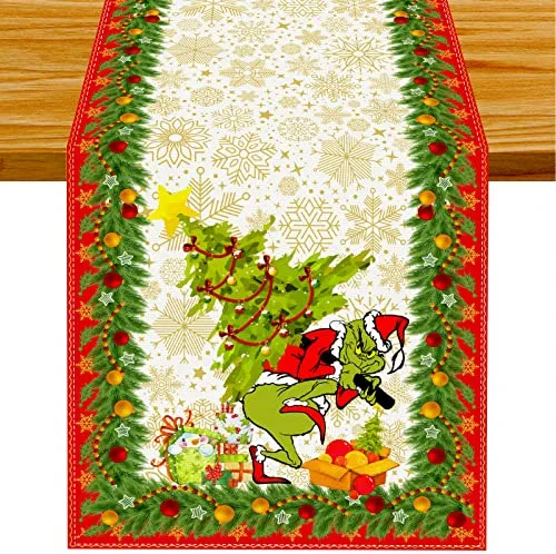 FARMNALL Linen Green Christmas Table Runner Merry Grinchmas Tablecloth Christmas Xmas Winter Holiday Home Kitchen Table Decorations 13x72 Inch