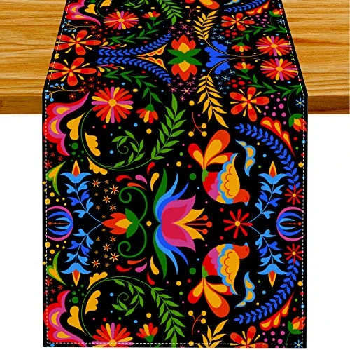 FARMNALL Linen Mexican Fiesta Table Runner Mexican Table Cloth Cinco De Mayo Day of The Dead Dia De Los Muertos Home Kitchen Table Decorations 13x90 Inch