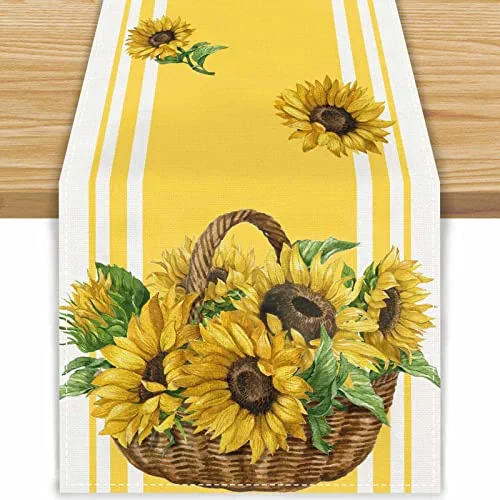 FARMNALL Linen Spring Sunflower Table Runner Farmhouse Sunshine 72 Inches Long Farmhouse Spring Summer Autumn Fall Home Kitchen Dinging Room Table Decoration 13x72 Inch