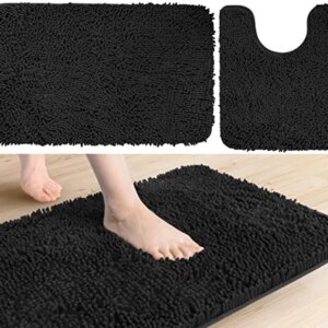 FEELSO Bathroom Rugs Sets 2 Piece, Luxury Chenille Non Slip Soft Absorbent Bath Mat, 20x32 inches Long Floor Carpets, 20x22 inches U-Shaped Contour Rug for Tub Shower, Black