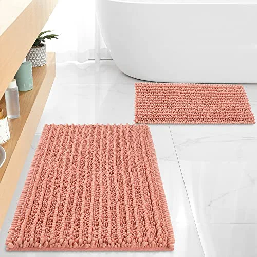 FLOLEOPA Luxury Chenille Coral Pink Bathroom Rugs Bath Mats Sets, Extra Soft and Absorbent Bathroom Rugs Non Skid Machine Wash Dry Bath Mats（32"x20" Plus 17"x24"）