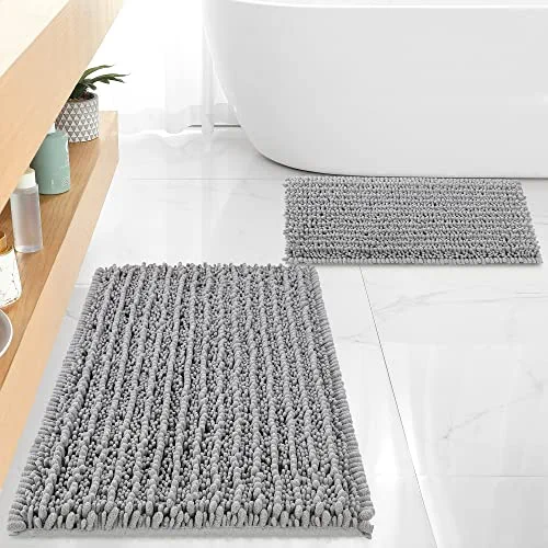 FLOLEOPA Luxury Chenille Grey Bathroom Rugs Bath Mats Sets, Extra Soft and Absorbent Bathroom Rugs Non Skid Machine Wash Dry Bath Mats（32"x20" Plus 17"x24"）